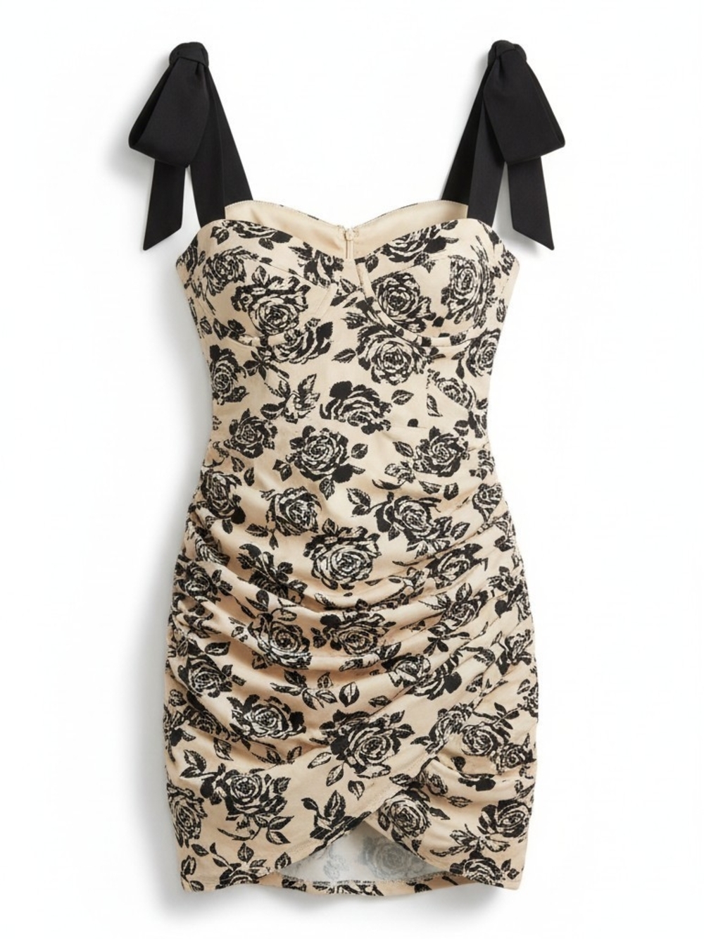 AUW Cream Mini Dress with Black Floral Print and Bow Shoulder Ties Size M